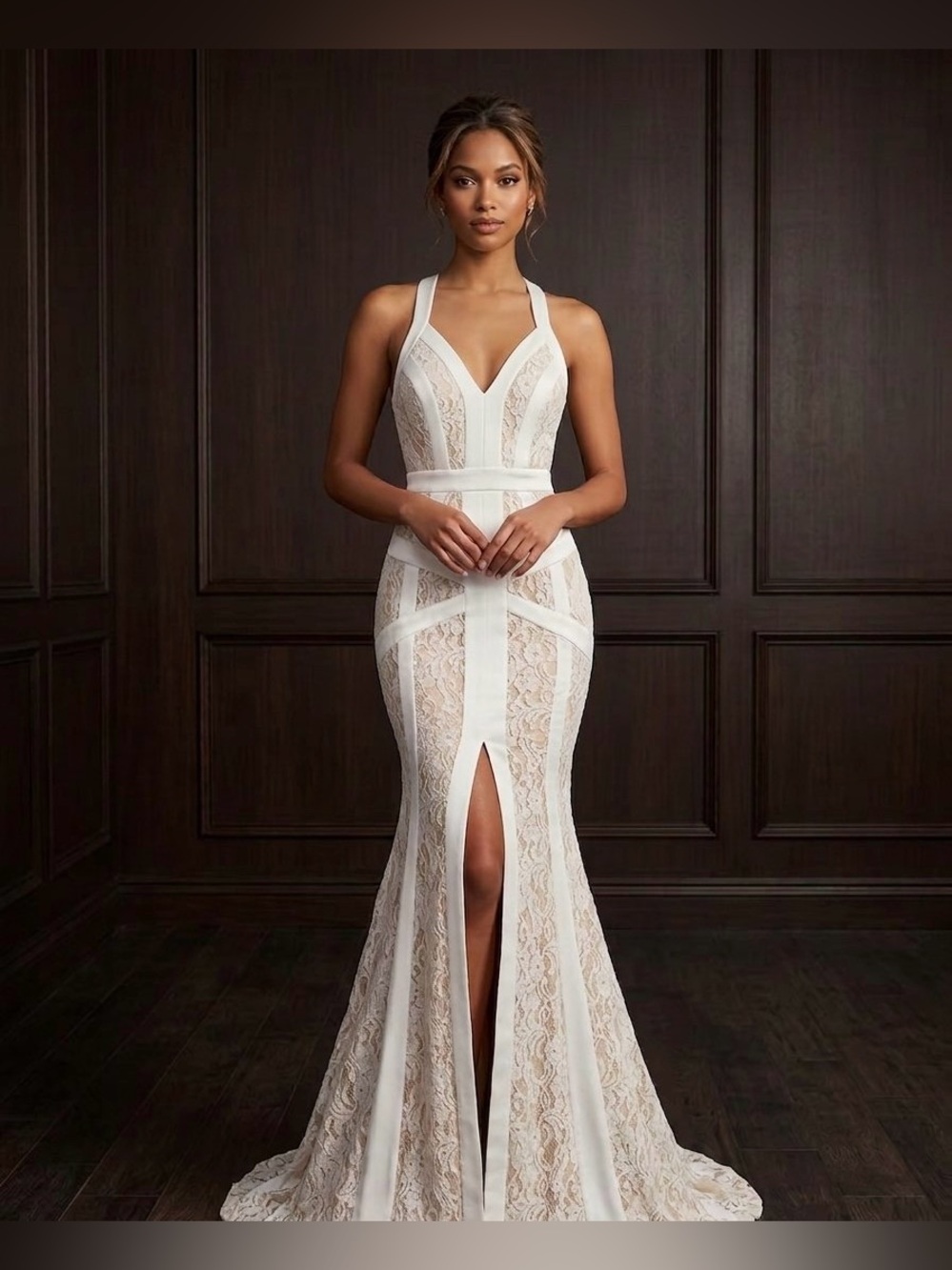 Modern Ivory Lace Halter Mermaid Wedding Dress with Front Slit